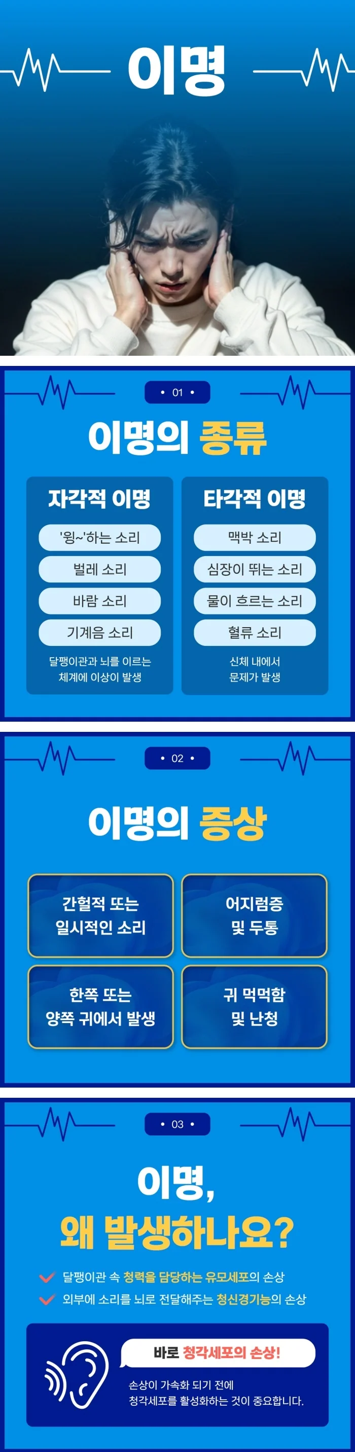 이명 안내 이미지. 자각적 이명과 타각적 이명의 종류, 이명의 증상, 이명이 생기는 이유를 정리했습니다
