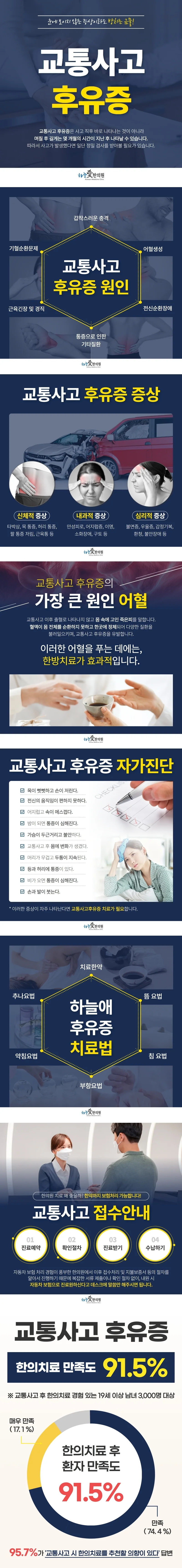 교통사고 후유증 안내 이미지. 후유증이 생기는 원인, 신체적·내과적·심리적 증상, 어혈 설명, 자가진단 체크리스트, 하늘애한의원의 치료 방법(치료한약, 뜸, 침, 부항, 약침, 추나요법), 교통사고 접수 절차(진료예약, 확인절차, 진료받기, 수납하기), 한의치료 만족도 설문 결과